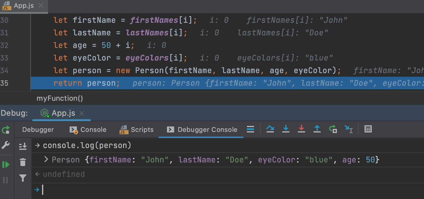 Node interactive debugger console: run JavaScript code
