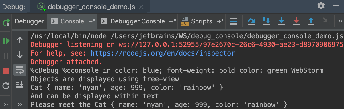 Node.js debugging: Console tab