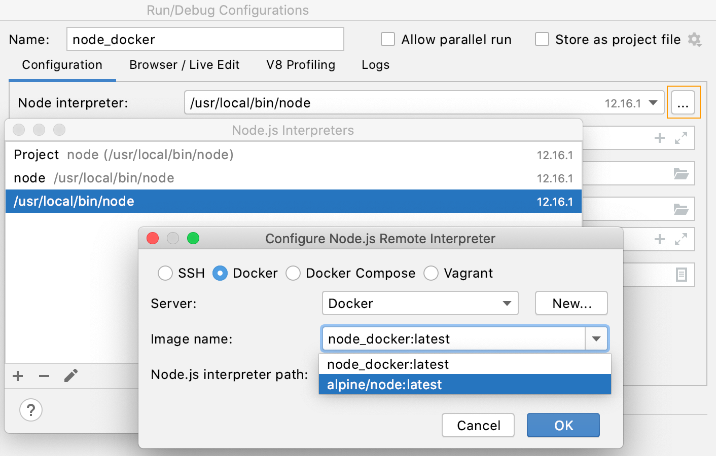 Open the Node.js Interpreters dialog from Node.js run configuration
