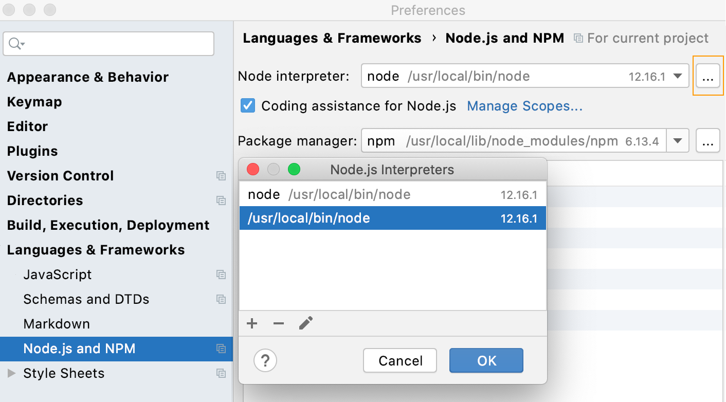 Open the Node.js Interpreters dialog from Settings