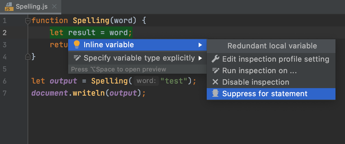 Suppressing an inspection in the editor  (JavaScript or TypeScript)