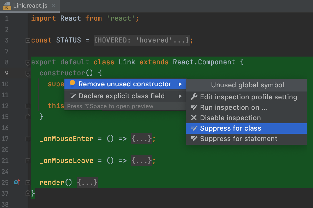 Suppress an inspection in a JavaScript class