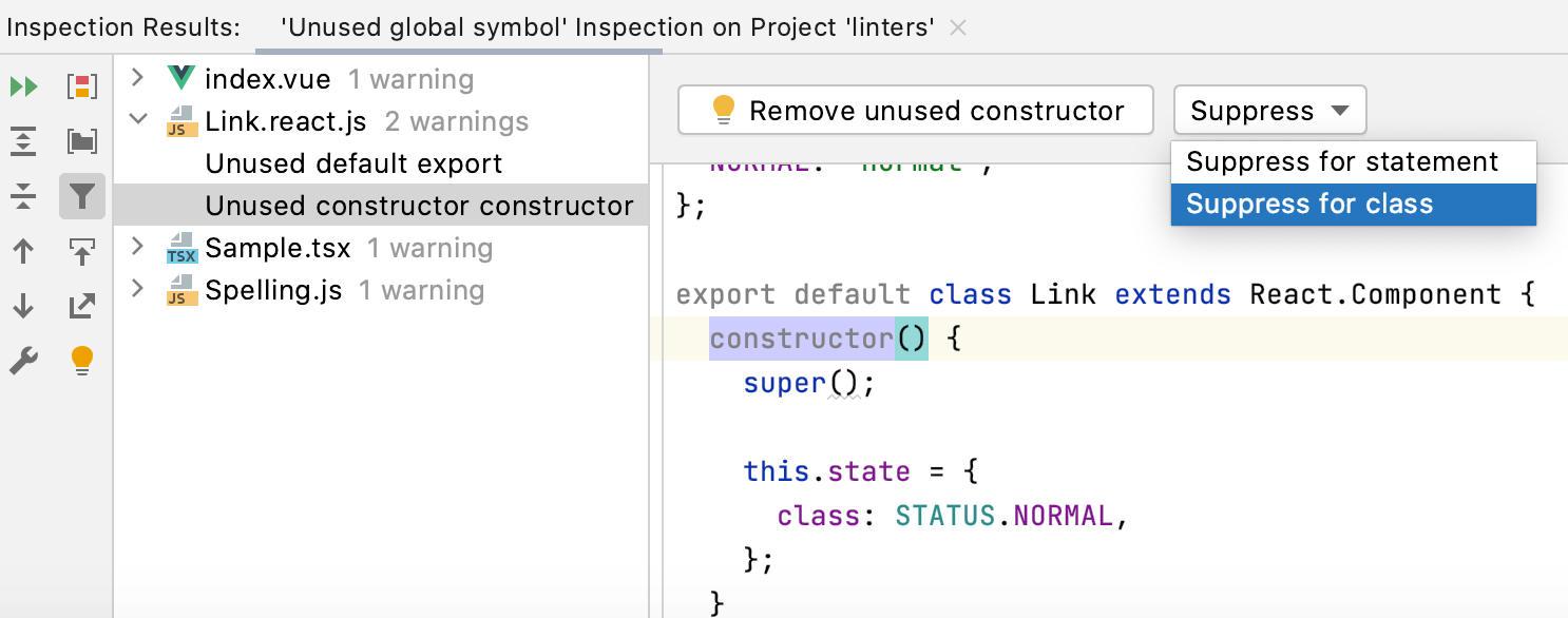 Suppress an inspection for a JavaScript class in the Inspection Results tool window
