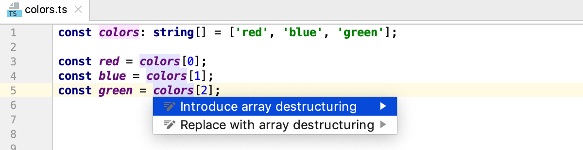 Destructuring with intention action: Introduce array destructuring