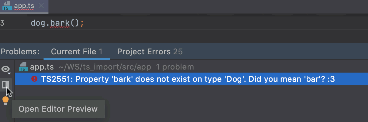 Monitor TypeScript syntax errors: fix problems in the editor preview pane