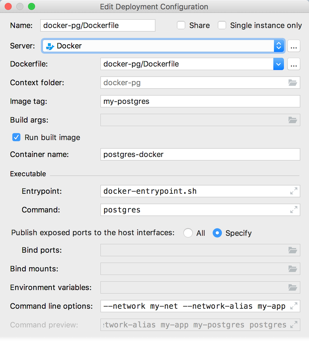 The Edit Deployment Configuration dialog with command-line options