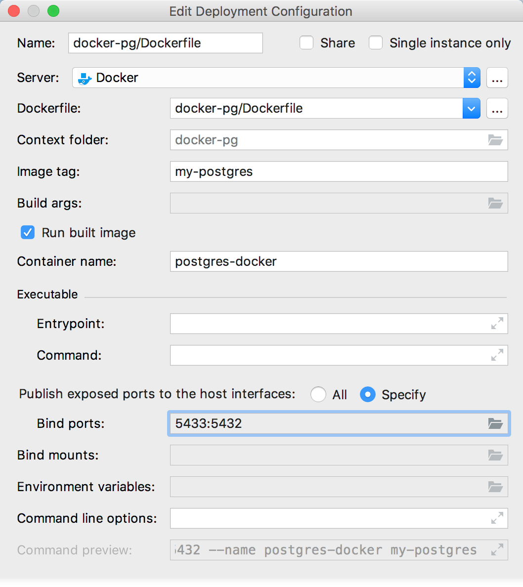 The Edit Deployment Configuration dialog with bind ports