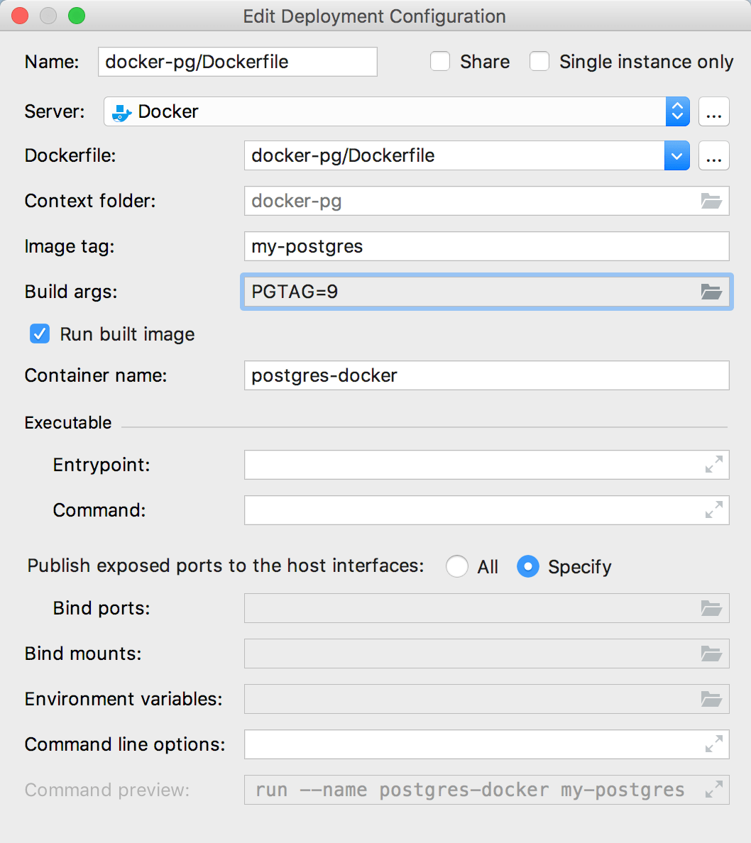 The Edit Deployment Configuration dialog with build-time arguments