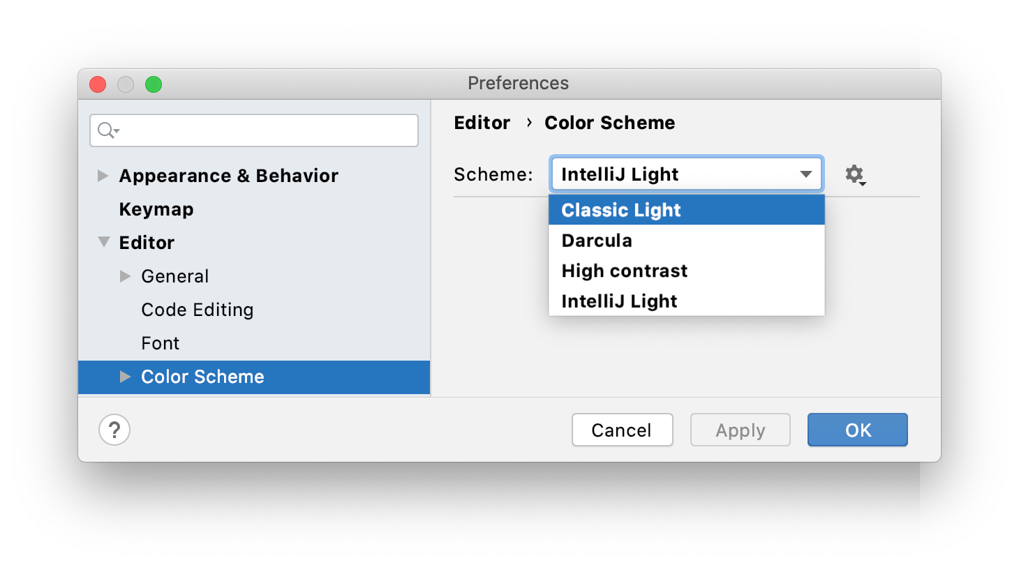  A screenshot of the 'Color Scheme' section in the Preferences window. The 'Classic Light' color scheme is selected from a drop-down list.