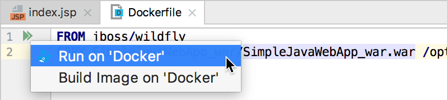 The Run on Docker gutter icon popup