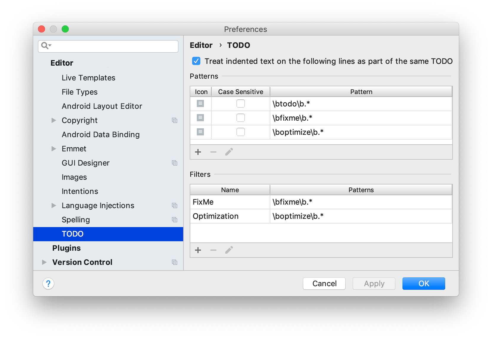 The TODO settings dialog