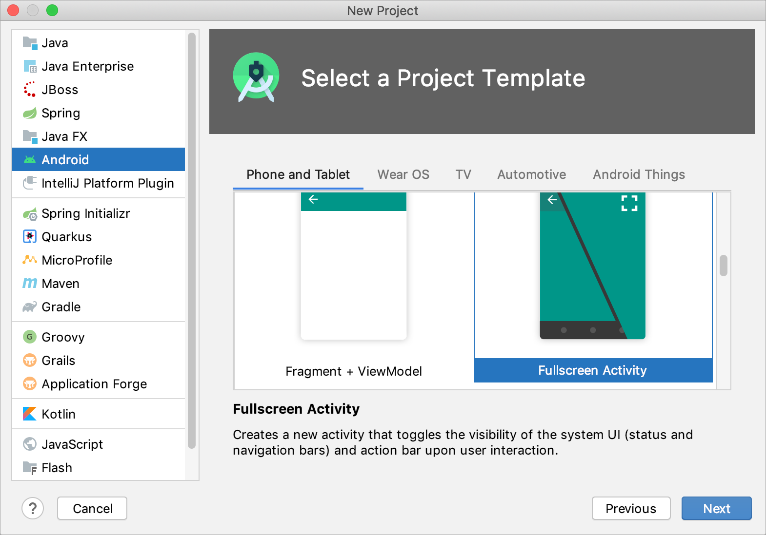 Creating a new Android project