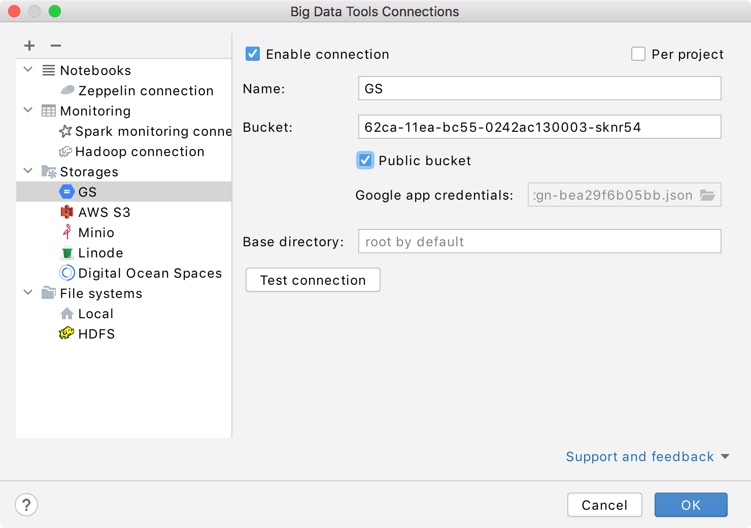 Connection settings for Google Storage