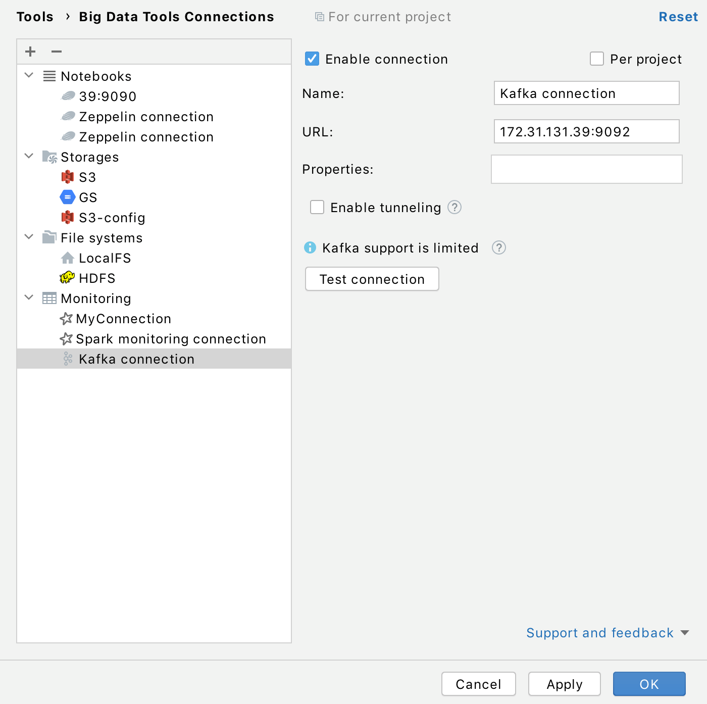 Configure Kafka connection