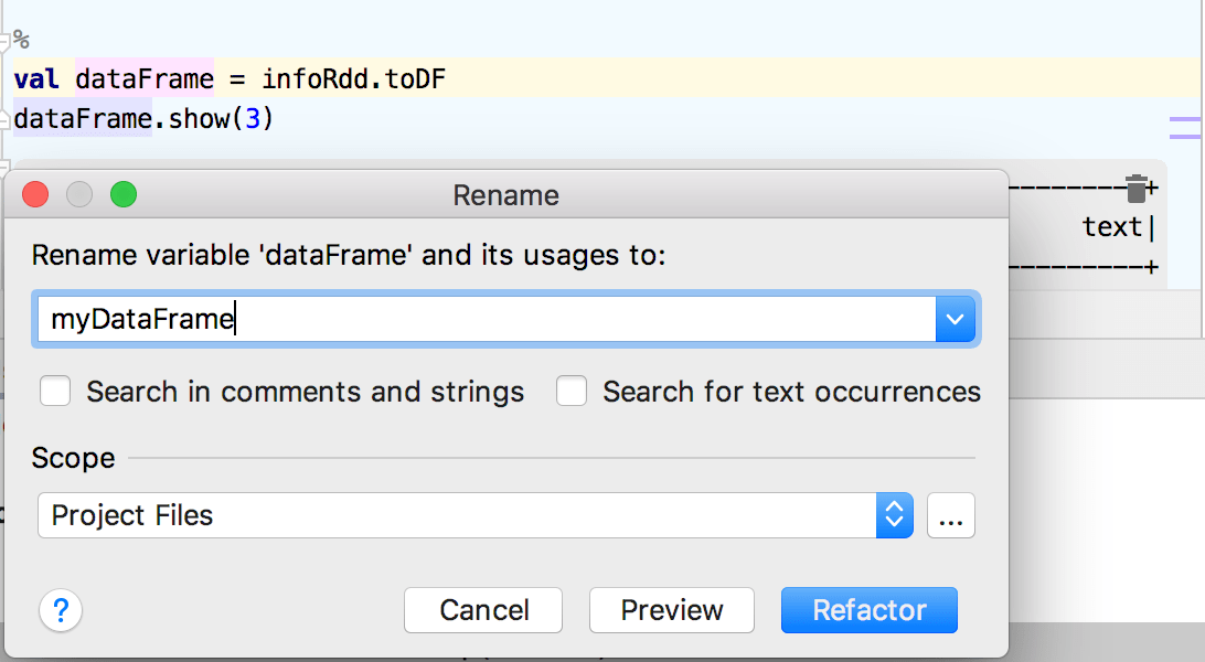 Renaming refactoring for Scala code in a notebook