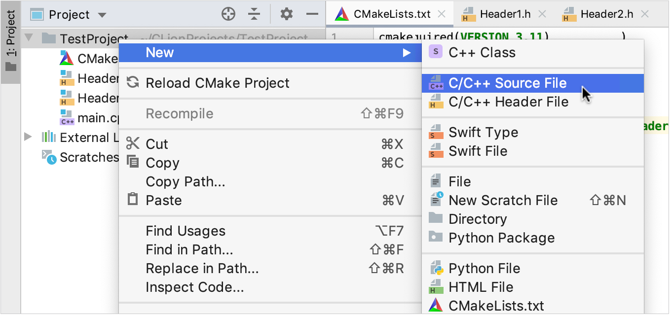 Cmake cmakelists txt. Контекстное меню проекта в CLION.