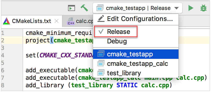 cmake profiles in the configuration switcher