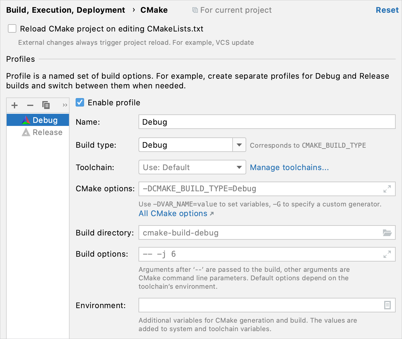 CMake settings dialog