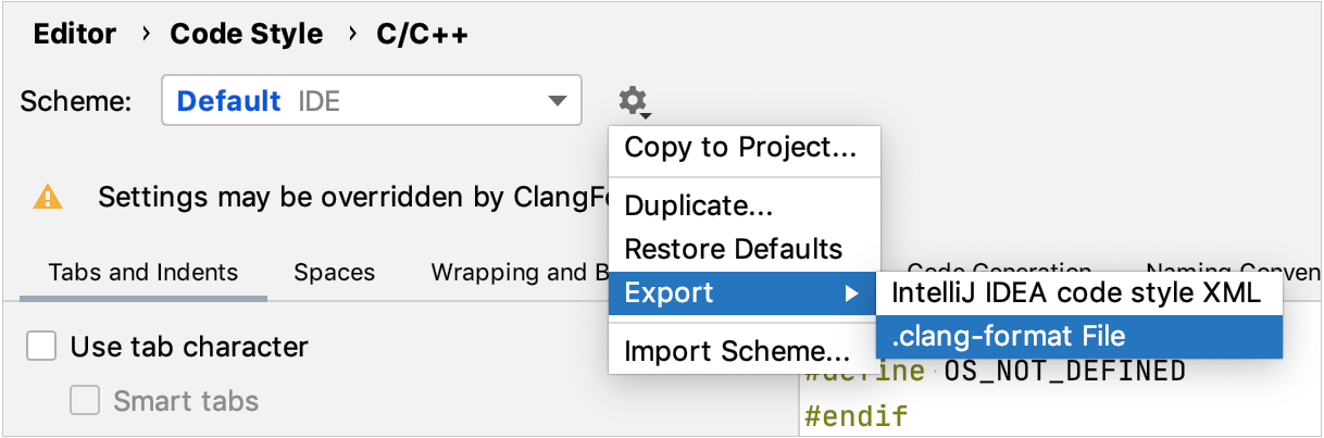 Export formatter settings into .clang-format