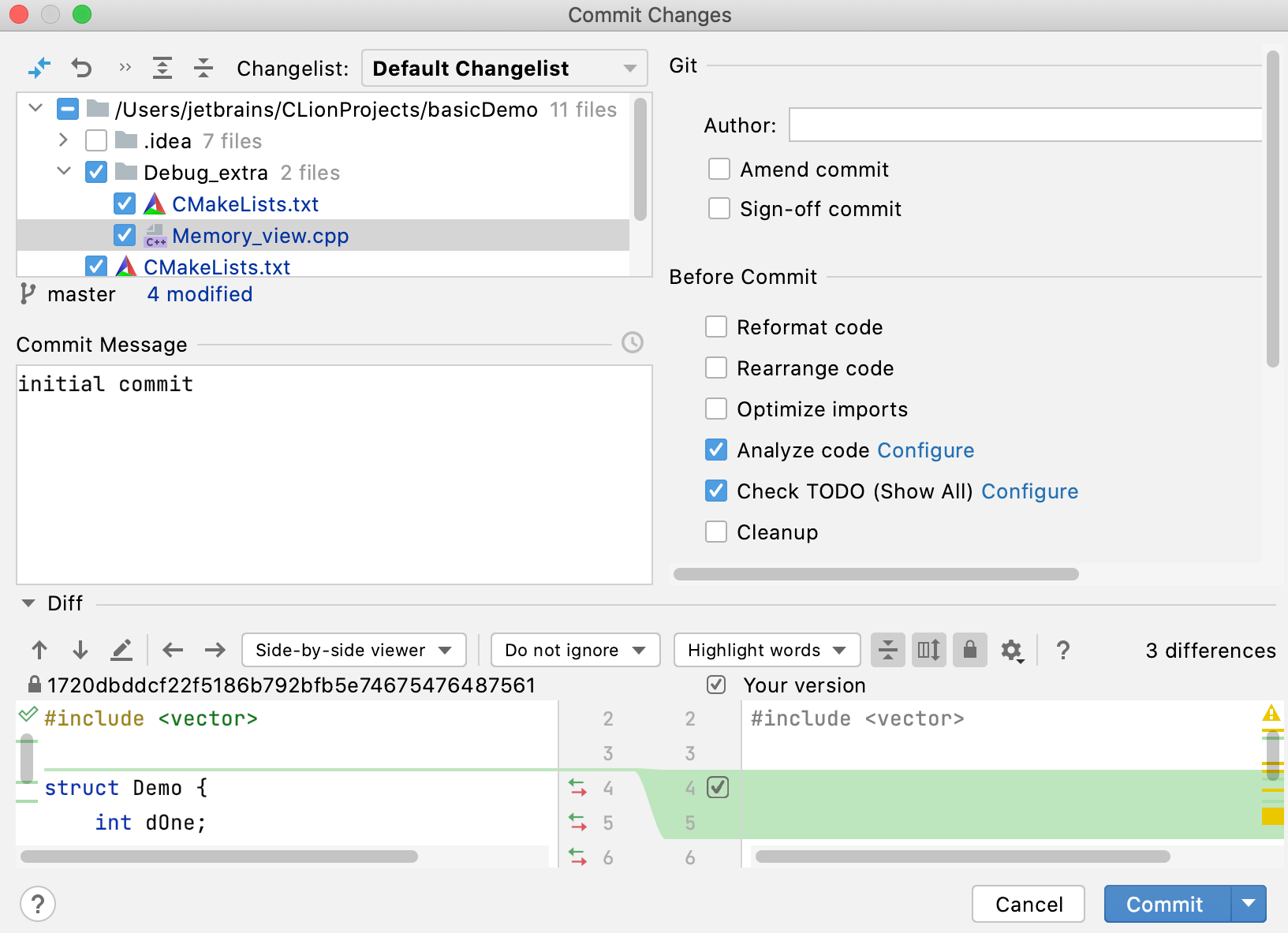 Git commit dialog