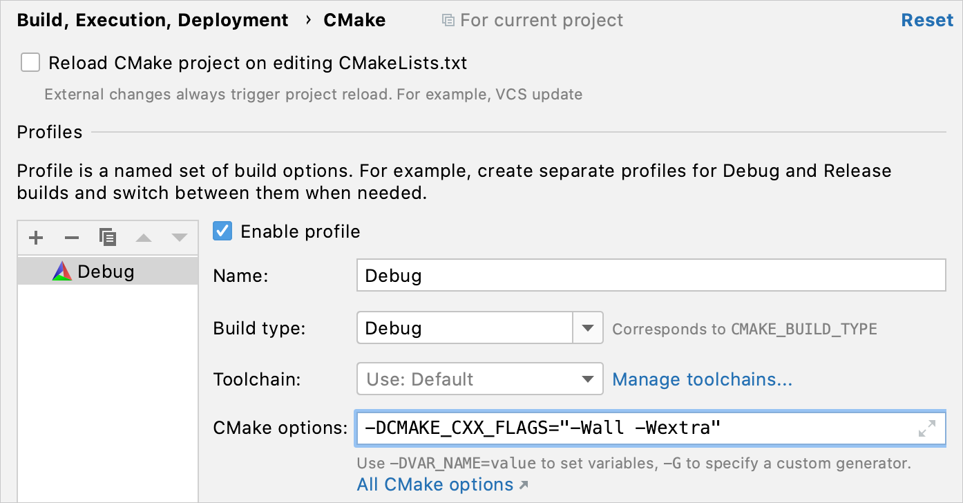 Setting compiler flags in CMake options