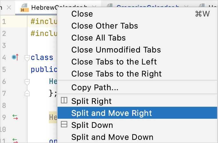 Editor splitting actions