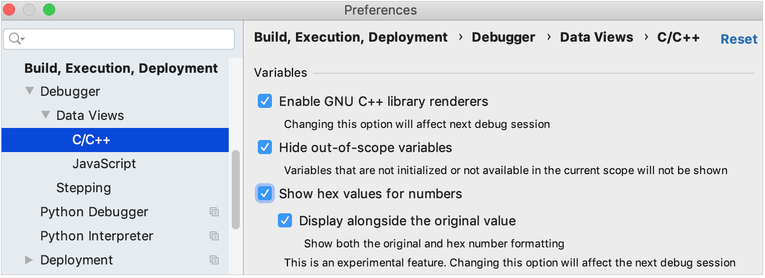 enabling hex view in debugger settings