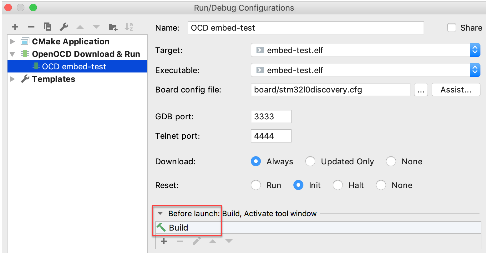 Build before launch in OpenOCD Download & Run configuration