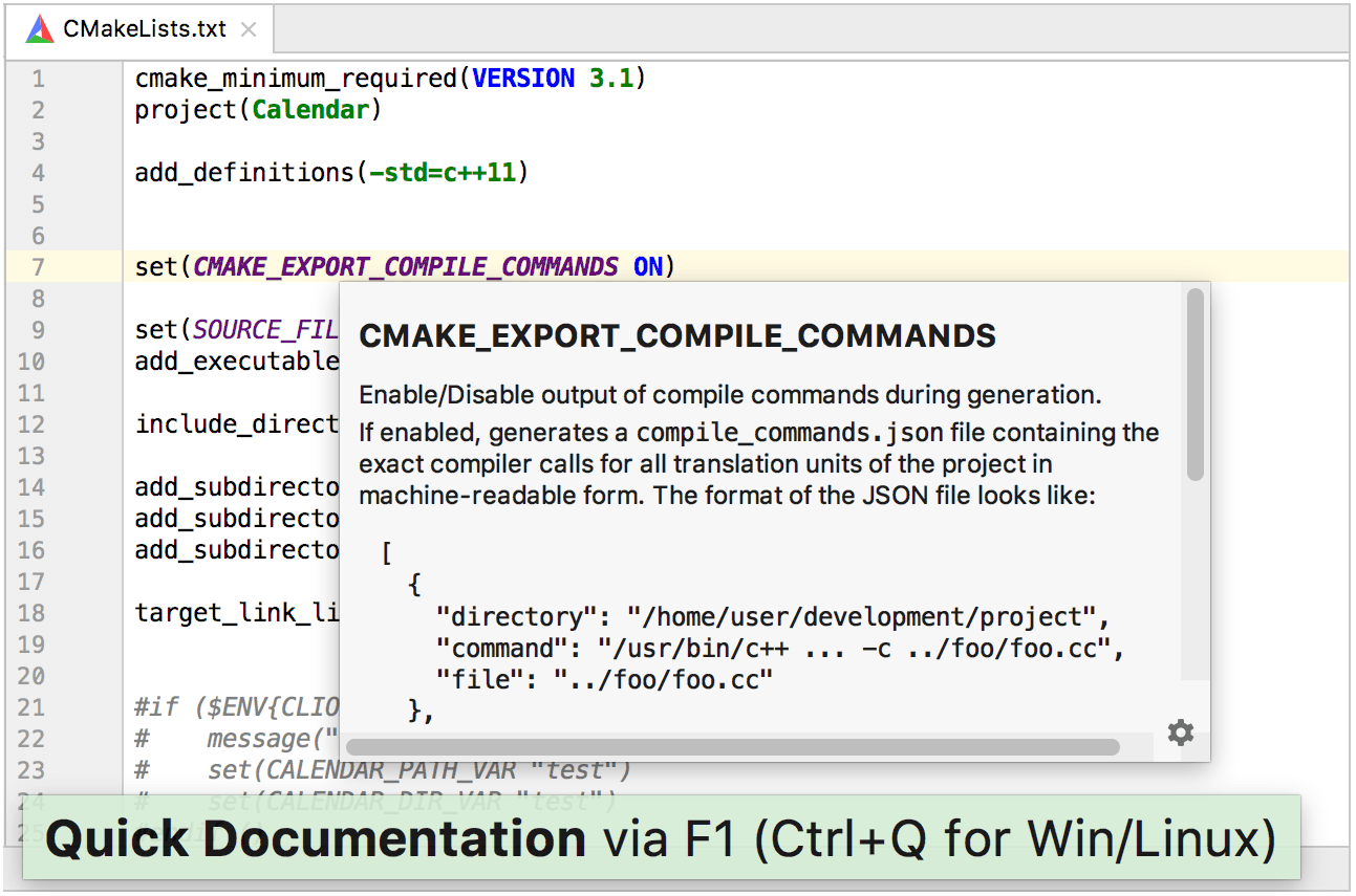 cmake highlighted and quick documentation for cmake