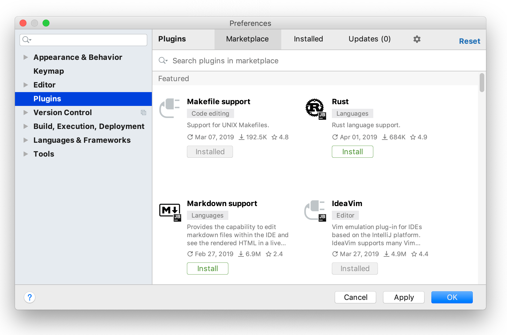 The Plugins settings dialog