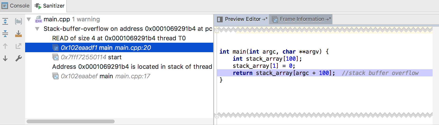 CLion Sanitizers visual output