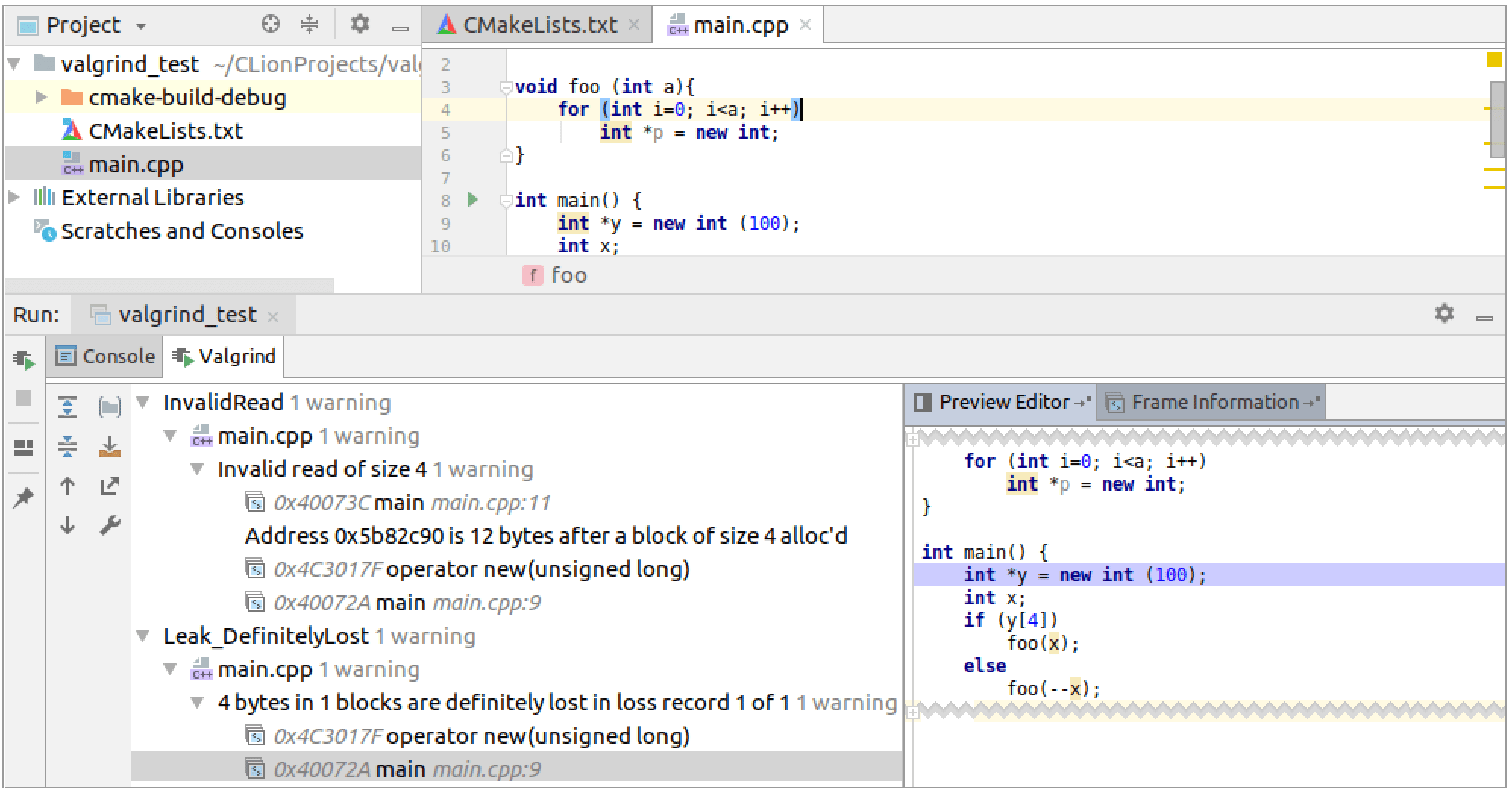 Valgrind の Memcheck Clion