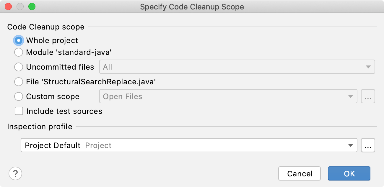 the Specify Code Cleanup Scope dialog