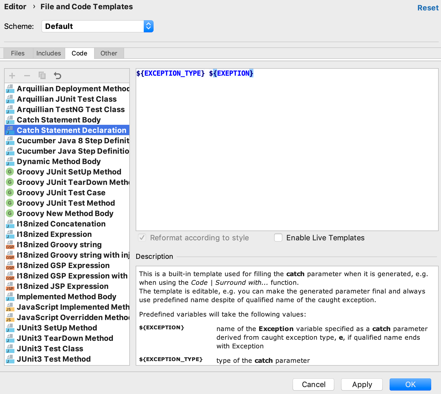 Code template settings