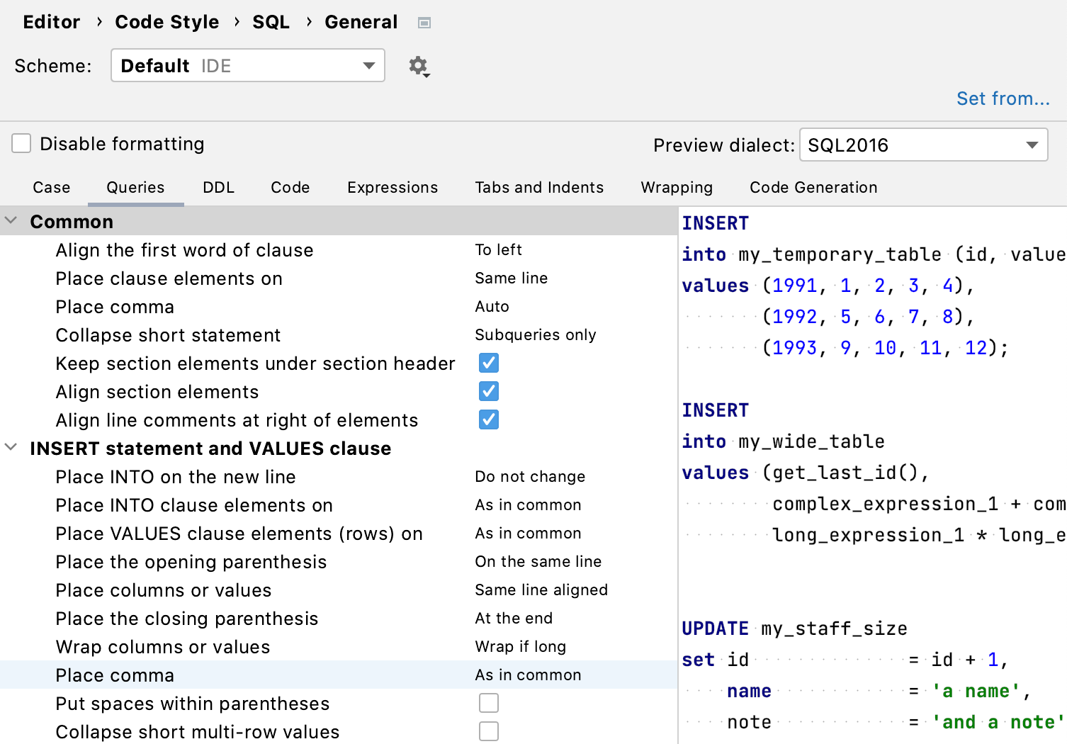 Sql コードスタイルを構成する Intellij Idea