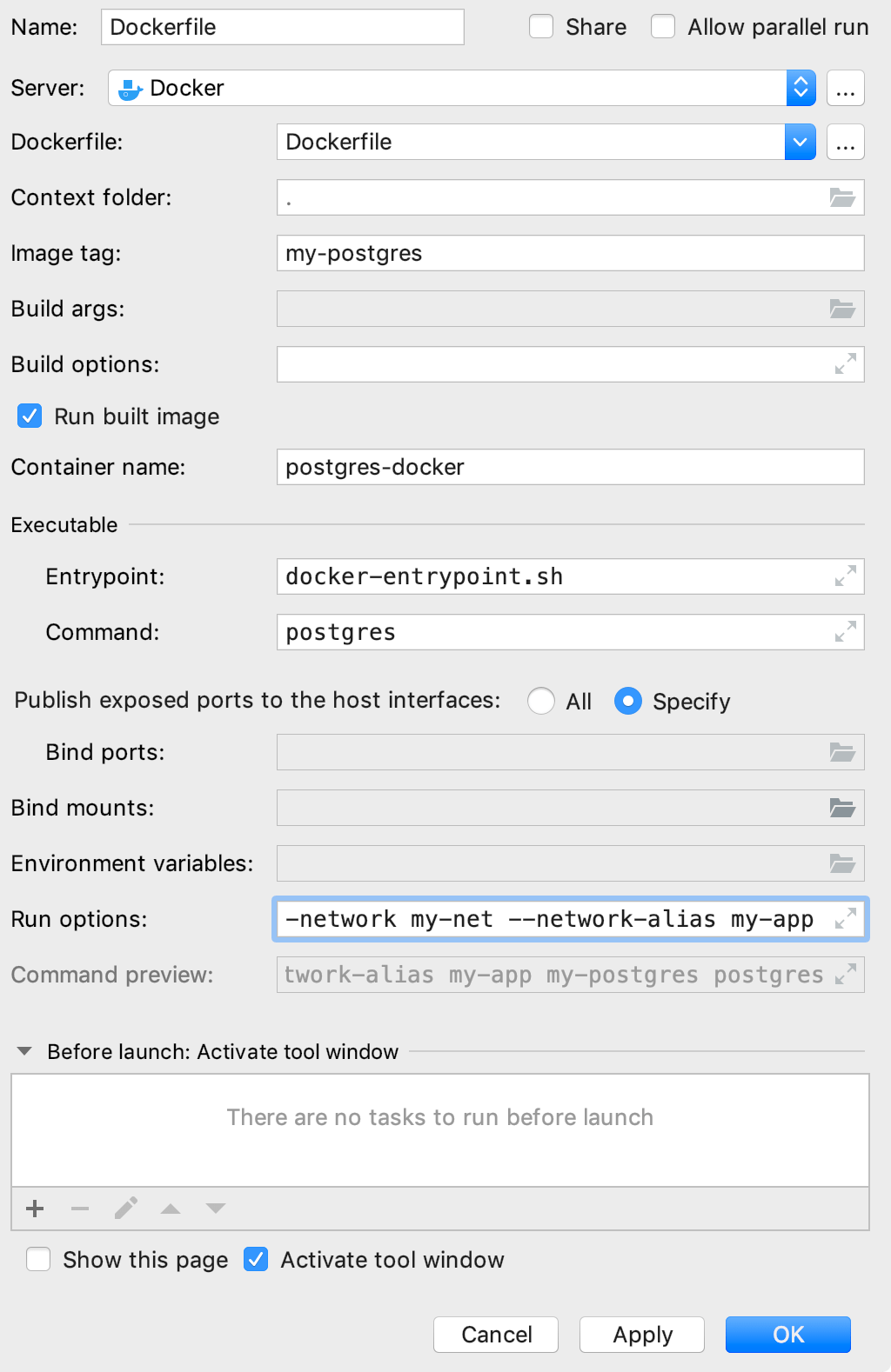 The Edit Deployment Configuration dialog with command-line options