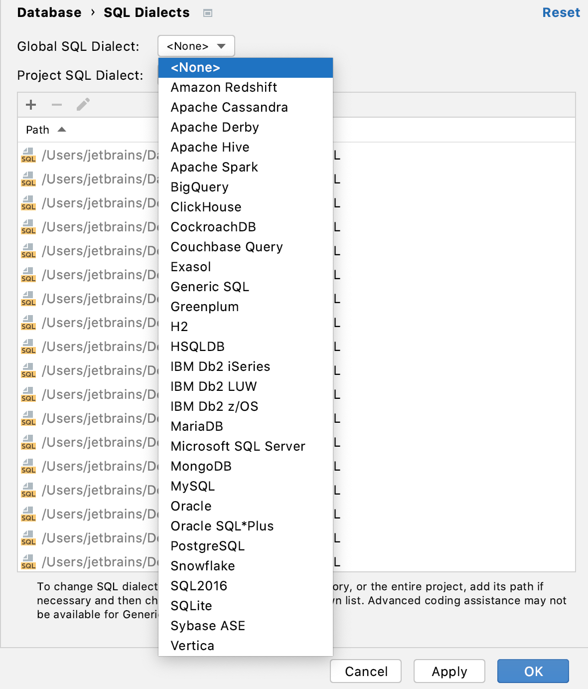 Specify an SQL dialect