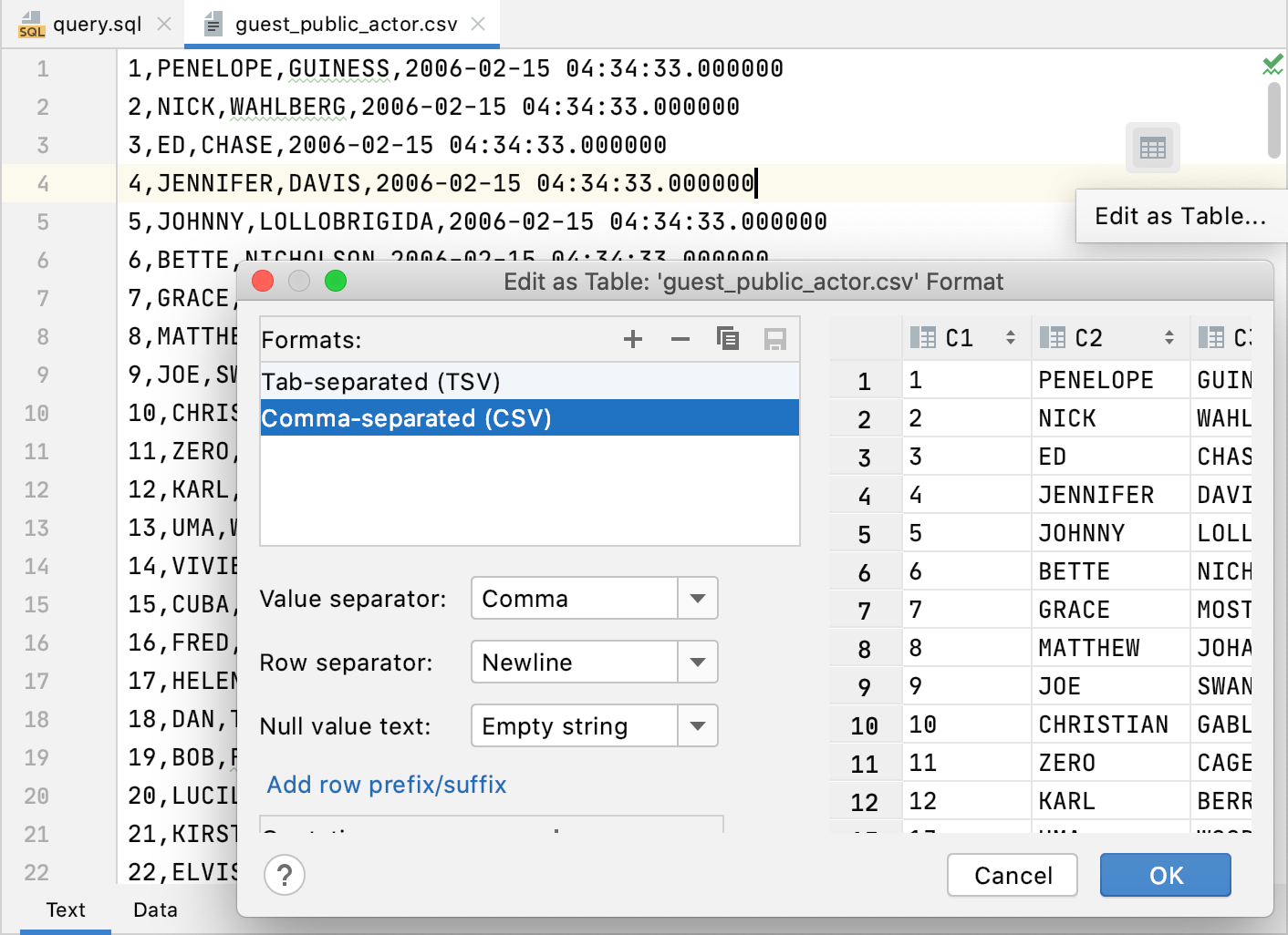 Edit CSV in the table view