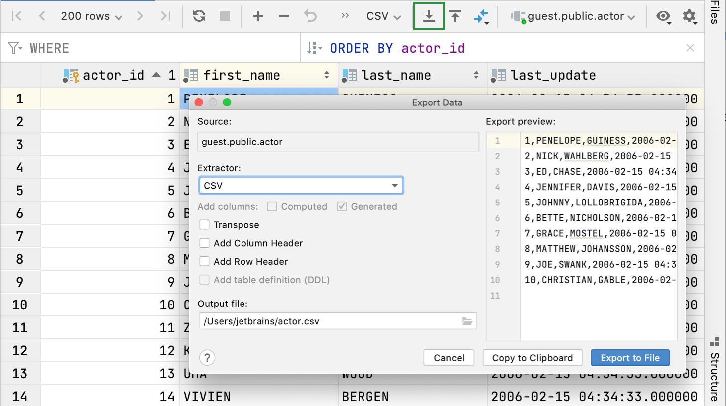 Export data from the editor