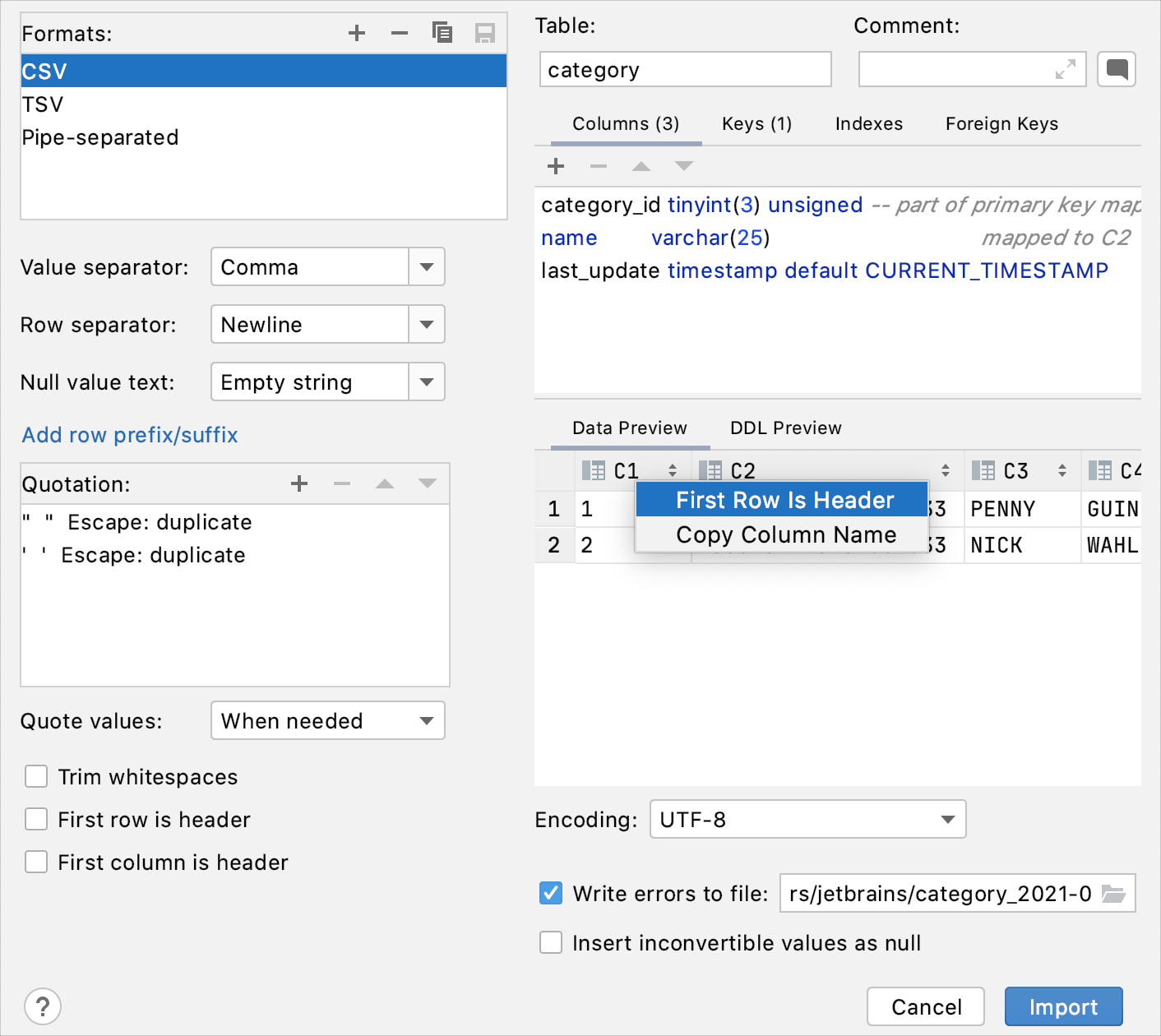 Import delimiter-separated values into a database