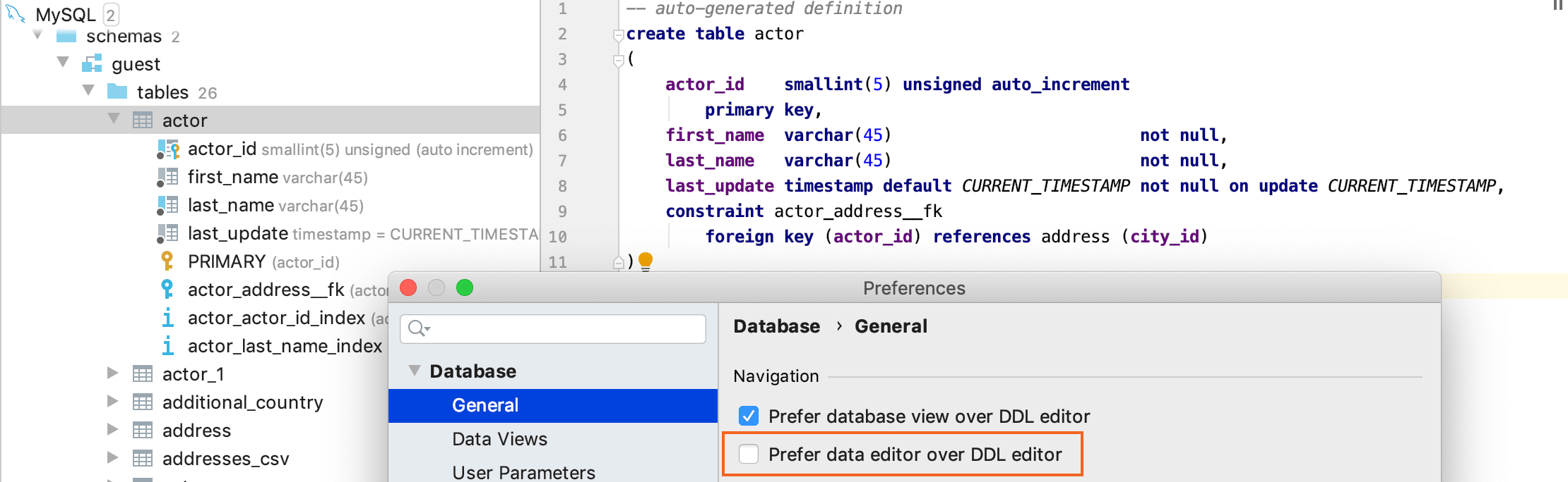 Open a DDL definition of an object in the database tree view