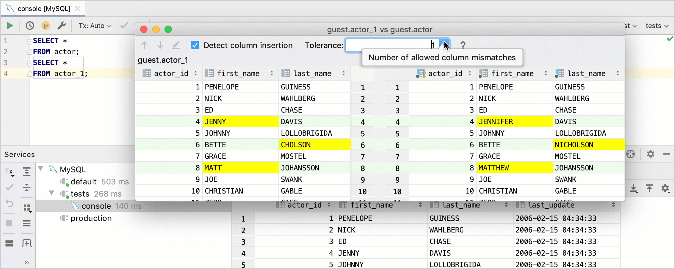 Compare result sets