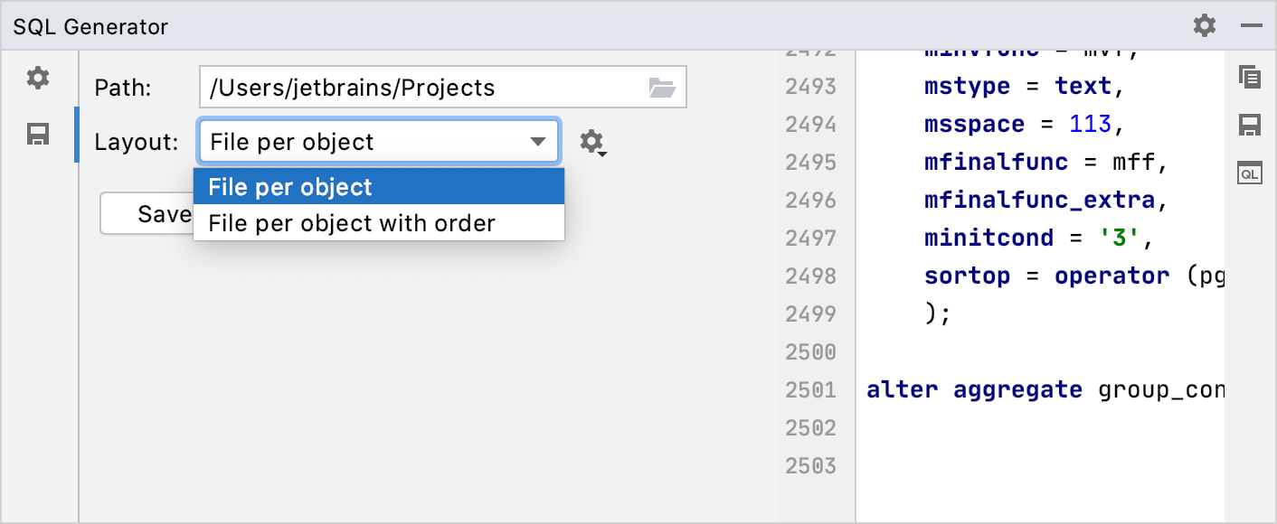 Change output settings of the SQL Generator