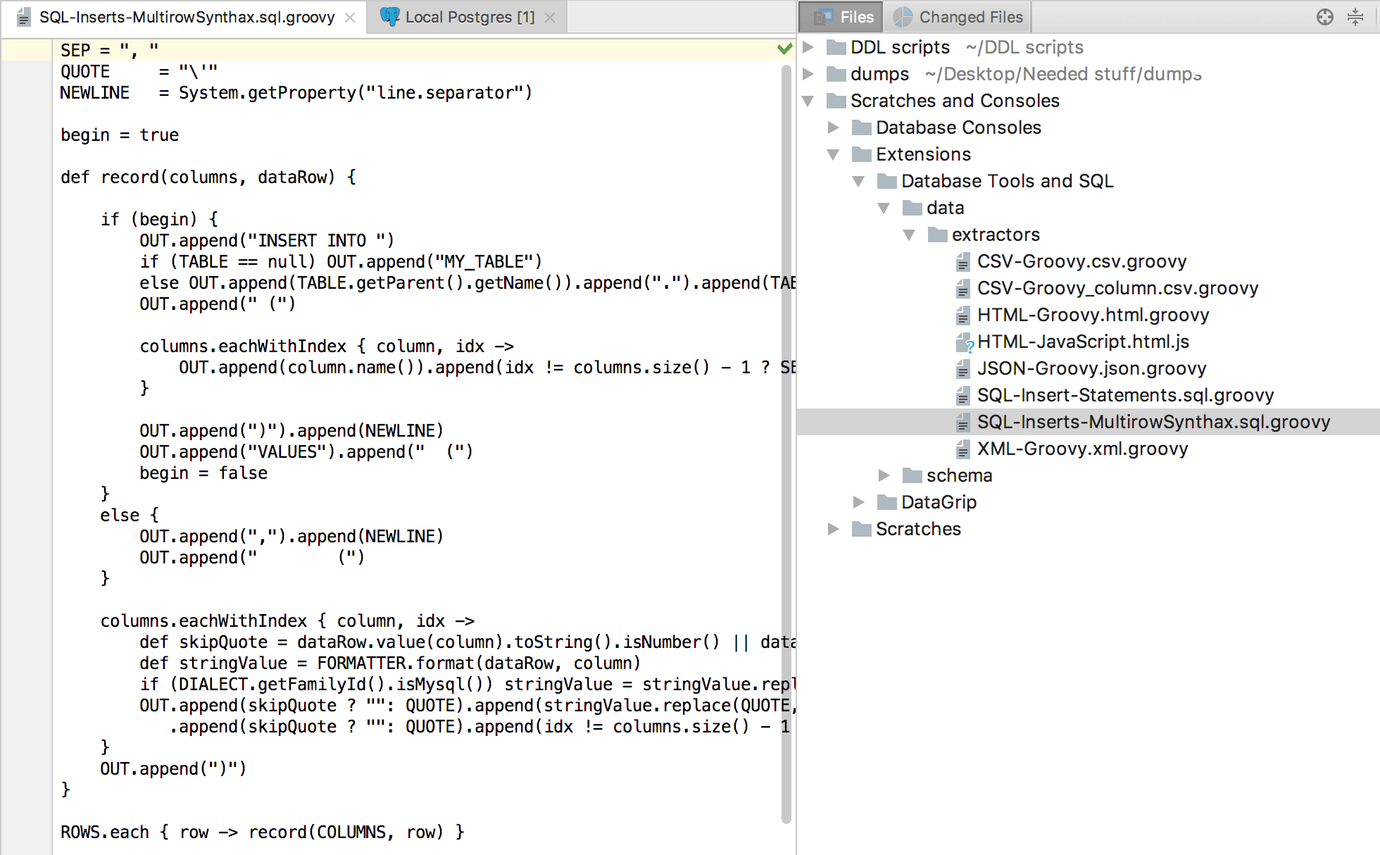 Create a new SQL-Inserts-MultirowSynthax.sql.groovy file