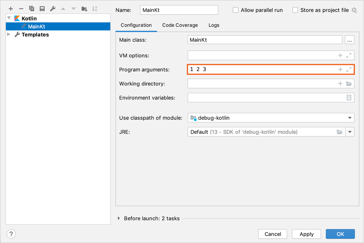 Arguments are entered in the Program arguments field