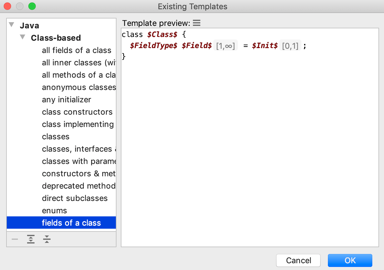 the Existing Templates dialog