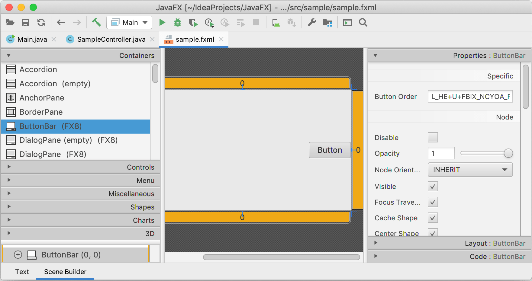 An .fxml file opened in Scene Builder in the IDE