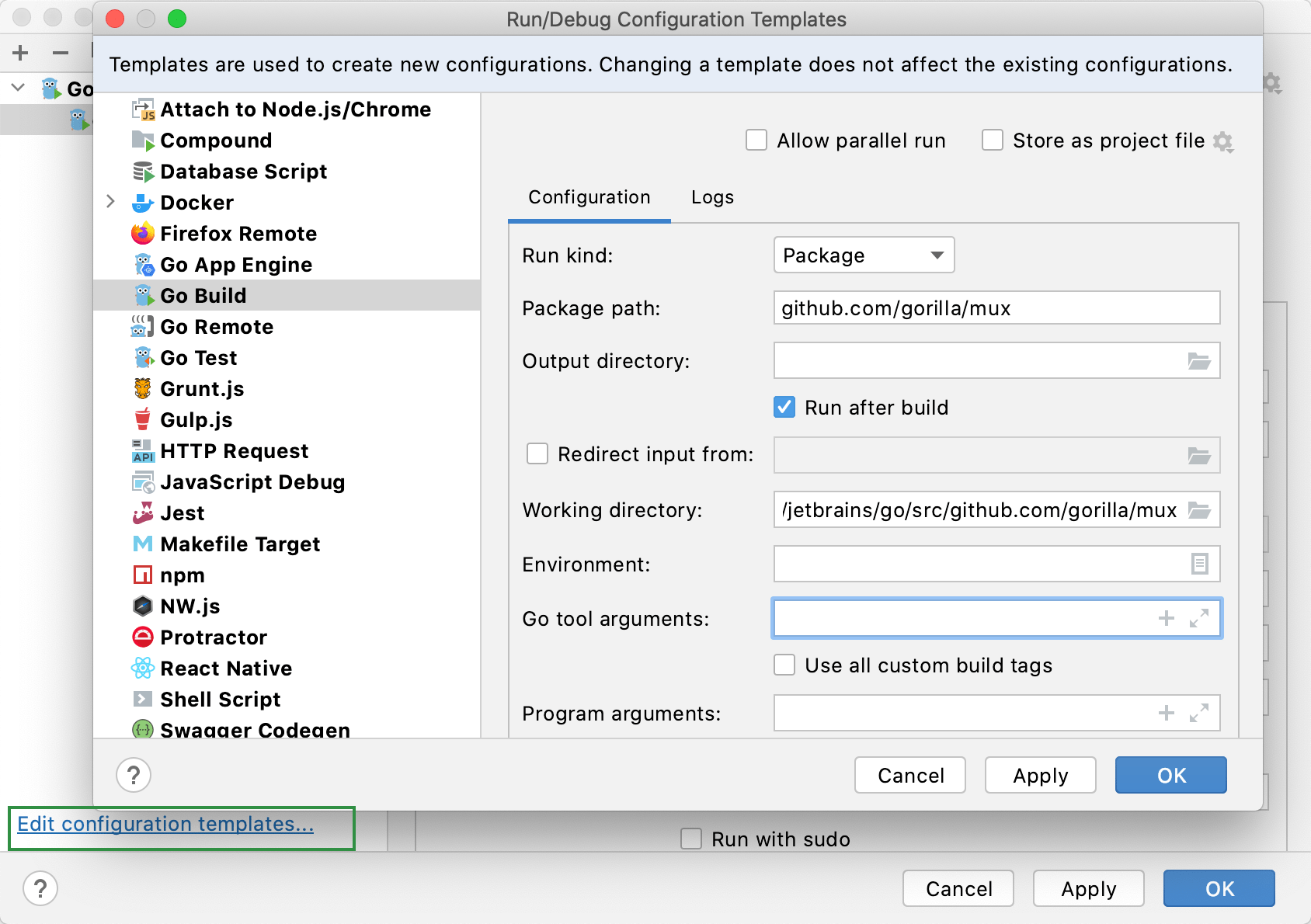 Changing Run/debug templates