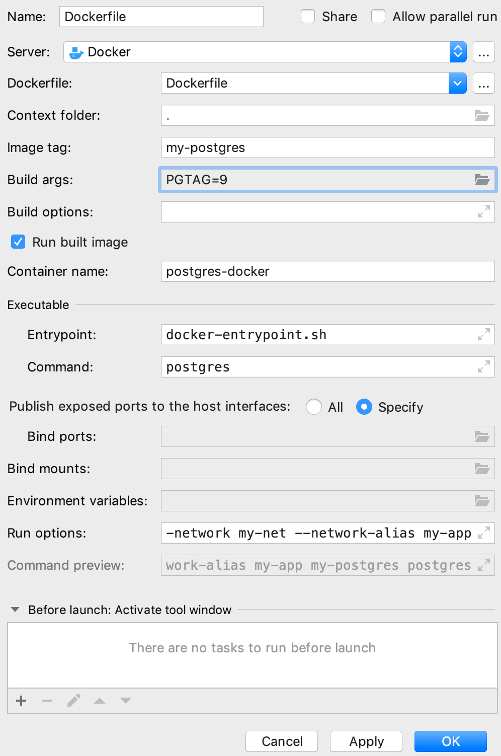 The Edit Deployment Configuration dialog with build-time arguments