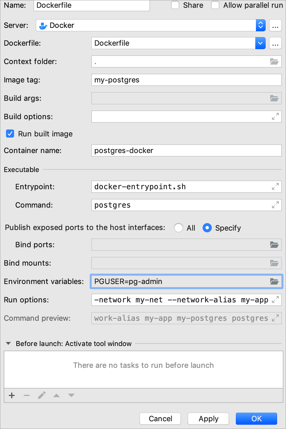 The Edit Deployment Configuration dialog with environment variables